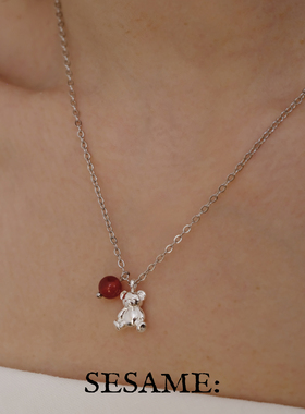 「新年礼物」气球小熊925银链条红玛瑙吊坠项链精致可爱素链女