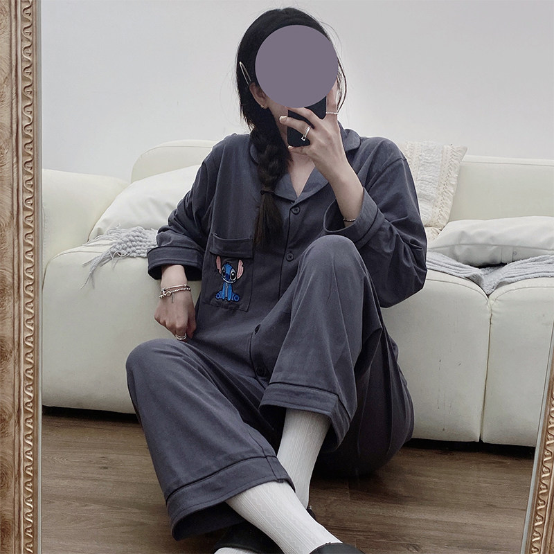 韩国史迪奇卡通睡衣纯棉长袖长裤情侣睡衣女纯色日系学生秋季套装,淘宝优惠券,粉丝福利购,淘宝优惠卷