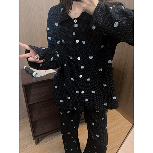 韩系波点凯蒂猫睡衣女婴儿棉纱开衫长袖长裤春秋慵懒感家居服套装 - 图2