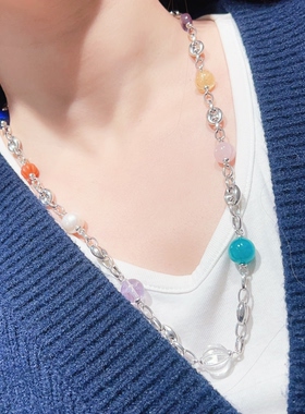 多宝925银镀白天然水晶毛衣链