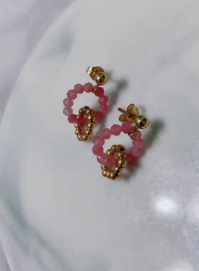 天然粉色碧玺钻石切割小米珠耳钉