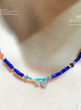 天然青金石纯银镀金圆圈吊坠项链