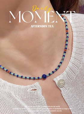 天然青金石南红玛瑙小众锁骨链