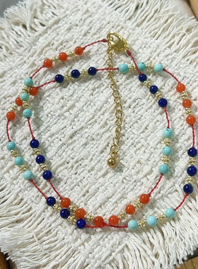 原创新中式绿松石青金石锁骨链