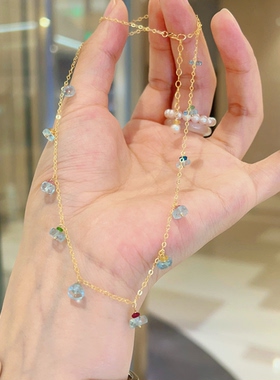 天然海蓝宝彩色宝石项链女款简约百搭叠戴夏季14k包金链条锁骨链