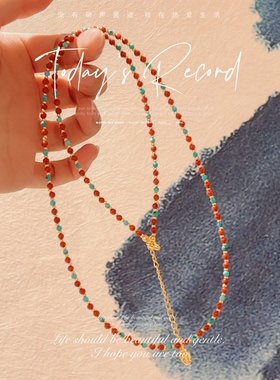 绿松石南红长款复古镀金转运项链