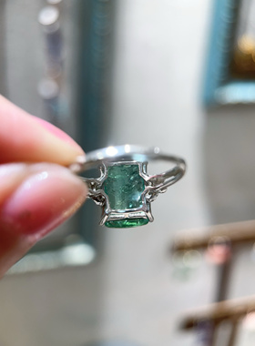 天然碧玺戒指S925银长方形绿色