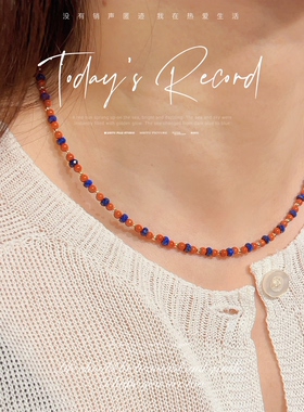 天然南红玛瑙青金石新中式锁骨链