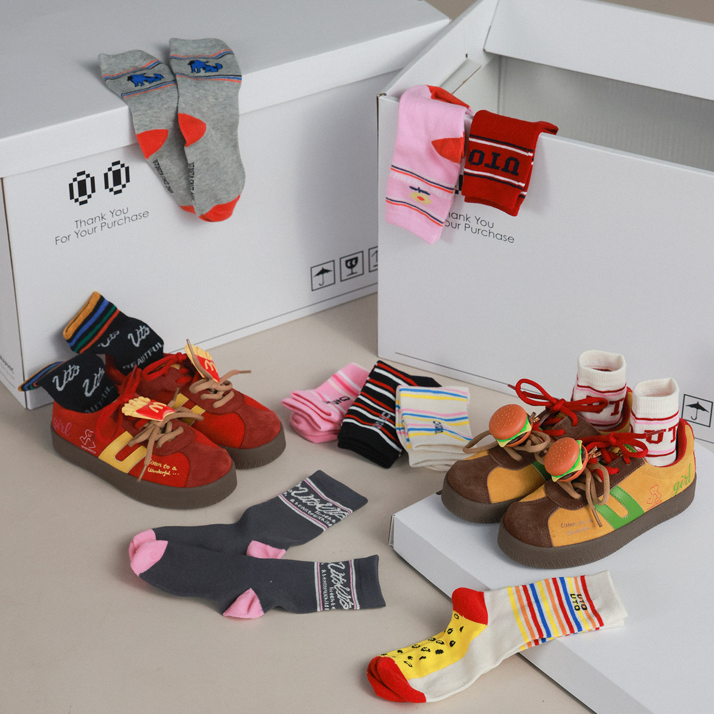 Big Ear Elephant Girls Contrast Color Striped Socks 2026 Four Seasons New Baoer Versatile Moisture-Absorbing Breathable Socks Mid-Tube Socks