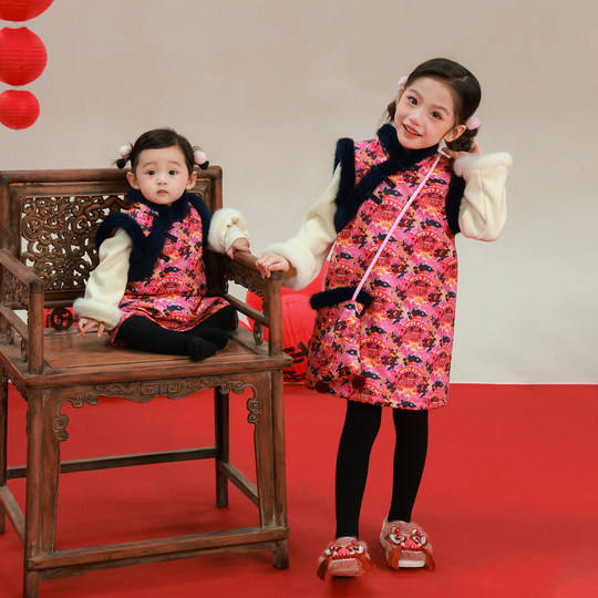 大耳象女童毛绒旗袍裙冬款宝儿夹棉新中式拜年服3M雪丽棉保暖裙子