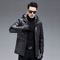 Winter genuine leather fur coat mens short section hat Hainen Mountain goat leather plume clothing Detachable Locomotive Leather Jacket Jacket Tide