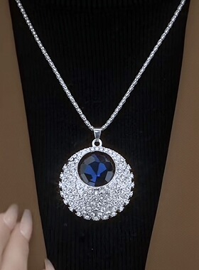 蓝色水晶吊坠项链女新款气质高档毛衣链长款时尚百搭衣服配饰挂件