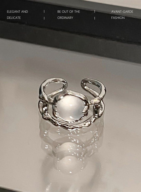 两件套月光石戒指女镶钻开口戒小众设计素圈食指戒法式自律指环