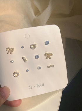 925银针少女心温柔耳钉套装简约爱心蝴蝶结珍珠耳环小巧百搭耳饰