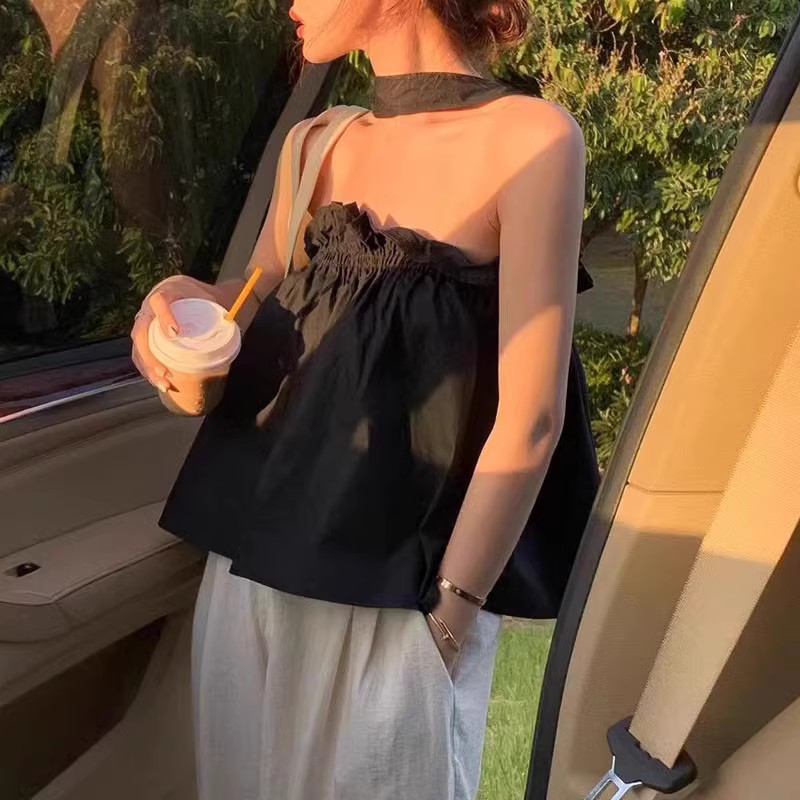 辣妹挂脖吊带小背心女装秋季新款纯欲宽松短款娃娃衫外穿打底上衣 - 图1