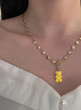 权志龙同款爱心项链锁骨链女小熊锆石吊坠毛衣链脖颈链潮不掉色