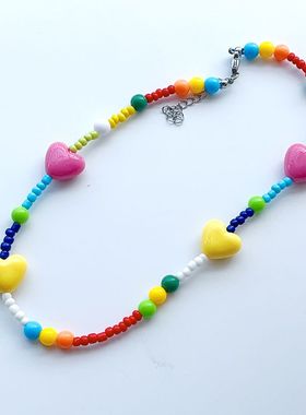 原创手工爱心串珠黄色雨衣小猪项链卡通树脂短款项链颈链女童学生