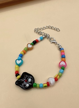 彩色卡通爱心串珠kitty猫咪项链手链套装 韩式创意个性手工饰品