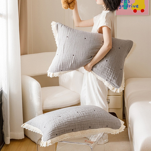 全棉四层纱布双层花边枕巾高档全棉家用透气学生纯棉吸汗枕头巾 - 图0