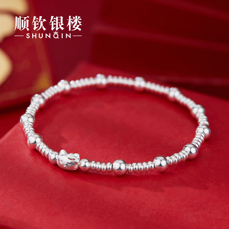 顺钦银楼S9999足银星猫手串女新中式招财小猫纯银手链小众百搭款 划猫实拍商品图