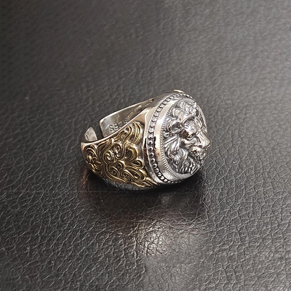 Trendy sterling silver inlaid copper arabesque lion head ring