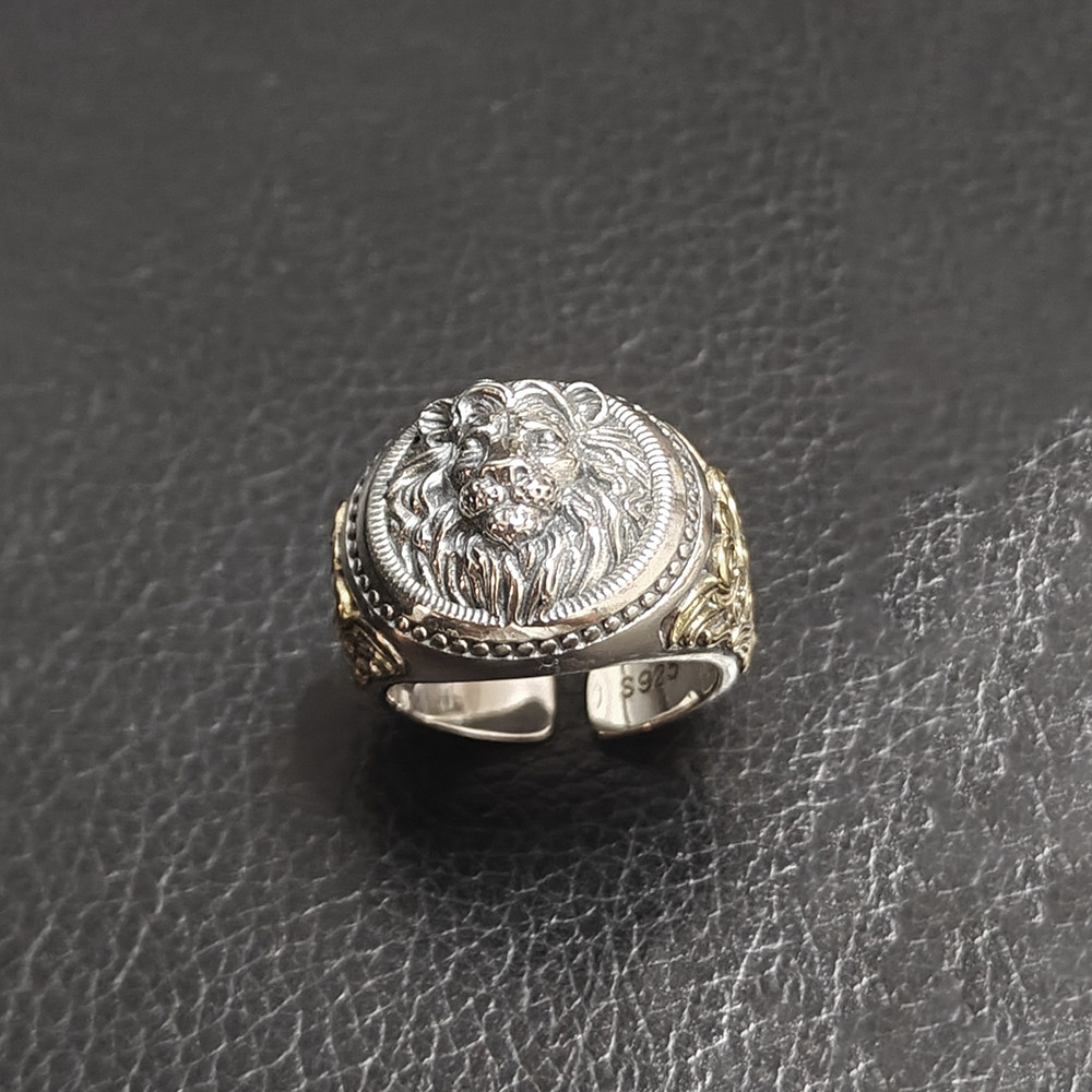 Trendy sterling silver inlaid copper arabesque lion head ring