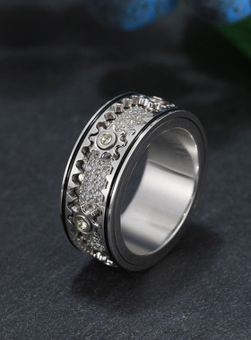 欧美S925银机械齿轮转动戒指男女款个性纯银镀白金满天星指环解压