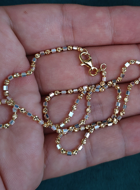 时尚纯银镀金闪切六角珠双色项链