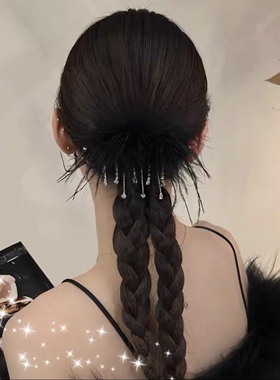 超仙羽毛流苏发夹女毛毛懒人夹后脑勺盘发一字夹刘海侧边夹子头饰