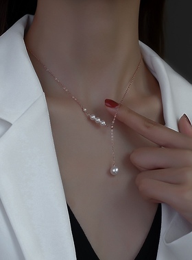 925纯银流苏珍珠项链ins轻奢小众设计感抽拉锁骨链冷淡风法式颈链
