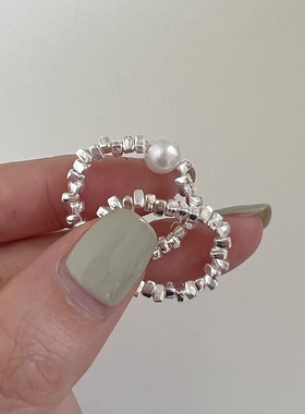 s925纯银碎银子珍珠戒指女ins潮时尚个性小众设计感闭口弹力指环