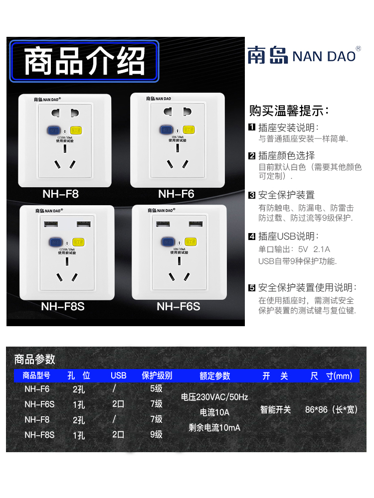 南岛 漏电保护插座10a16a明装多功能usb五孔插座面板多孔墙式暗装 - 图2