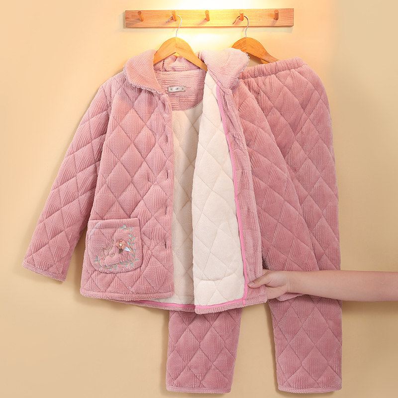 睡衣女士冬季加厚加绒保暖三层夹棉袄中老年妈妈套装珊瑚绒家居服,淘宝优惠券,粉丝福利购,淘宝优惠卷