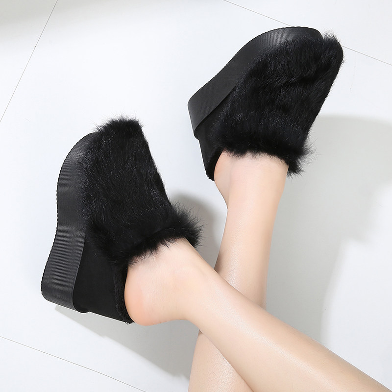 2025新品高跟兔毛秋冬加厚加绒保暖毛毛拖鞋潮厚底坡跟外穿女鞋,淘宝优惠券,粉丝福利购,淘宝优惠卷