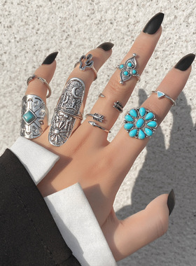 欧美波西米亚食指戒指宽版复古绿松石箭头花朵9枚套装指环九件套