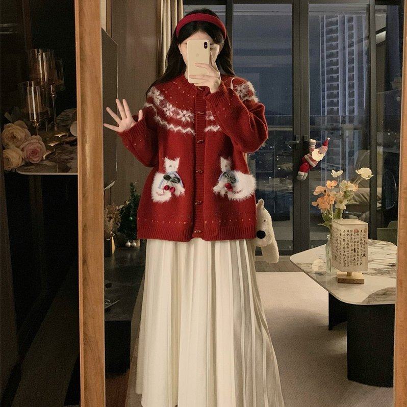 大码秋冬新款甜美风圣诞雪花毛衣开衫外套高腰半身裙两件套,淘宝优惠券,粉丝福利购,淘宝优惠卷