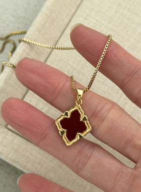 博主同款拉丝红色贝母项链双面锁骨链中古老钱轻奢新年配饰