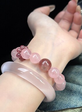 天然粉色桃花粉锂云母手串女款