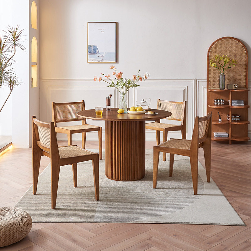 北欧实木餐桌侘寂风餐厅家用圆桌现代简约轻奢酒店藤编餐桌椅组合,淘宝优惠券,粉丝福利购,淘宝优惠卷