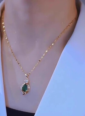 BF玫瑰花绿钻水滴吊坠项链女轻奢小众高级爆款钛钢锁骨链
