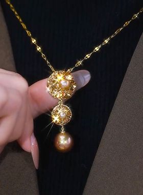 BF2024秋冬新款超闪咖色锆石珍珠流苏毛衣链时尚百搭小众设计感项