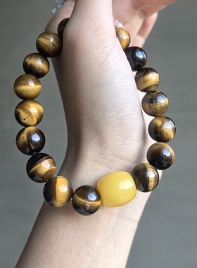 天然虎眼石蜜蜡满蜜根好运手串搭配鸡油黄蜜蜡手链时尚个性新款