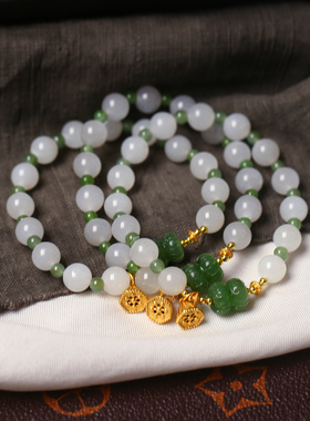 天然和田玉白玉圆珠搭配碧玉并蒂莲原创款单圈手链 女款玉石手串