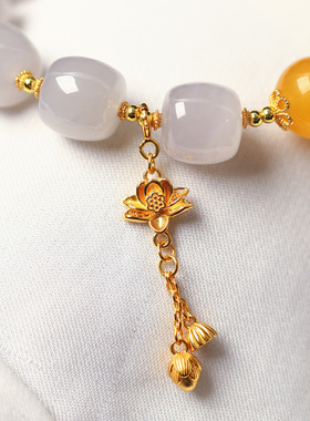 天然和田玉冰烟灰老型珠搭配蜜蜡圆珠原创搭配款手链女款玉石饰品