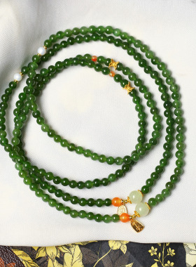 天然俄罗斯碧玉冰绿圆珠原创搭配款三圈手链女款玉石三圈手串饰品