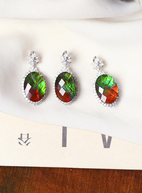 天然斑彩石纯银镶嵌吊坠 加拿大斑彩石远古化石水晶彩宝吊坠