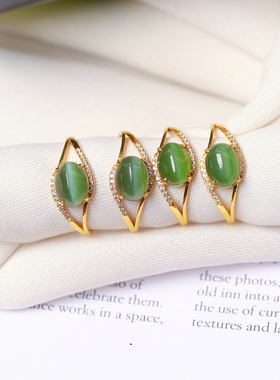 精品 天然俄罗斯碧玉猫眼戒面18K金镶嵌款戒指女款金镶玉指环饰品