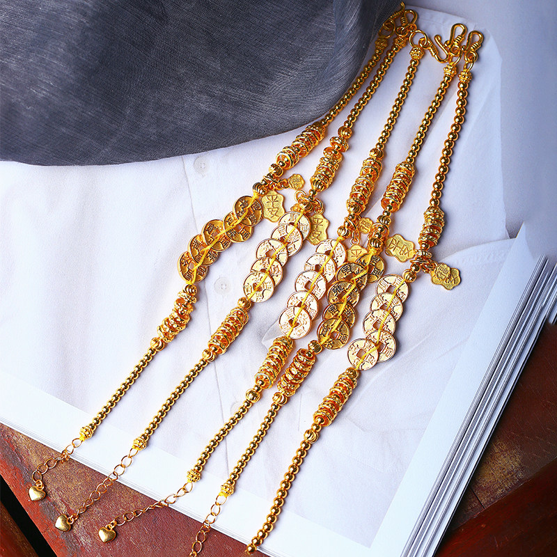 999足银镀金圆珠搭配五帝钱款手链 女款纯银原创设计款银手链饰品,淘宝优惠券,粉丝福利购,淘宝优惠卷