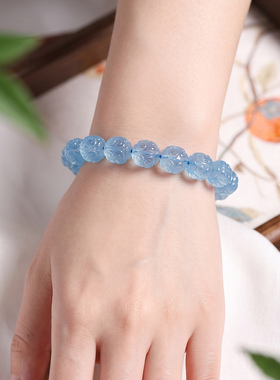 天然水晶冰透海蓝宝石回纹珠单圈手链 女款海蓝宝手串饰品