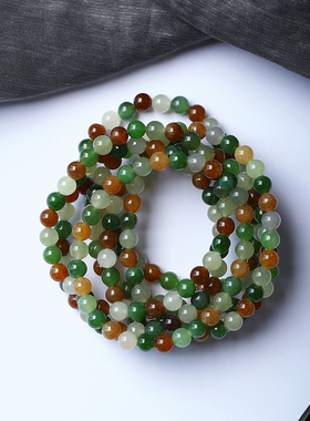 超值混搭 天然和田玉多宝色圆珠手链配碧玉糖料烟紫女单圈玉石